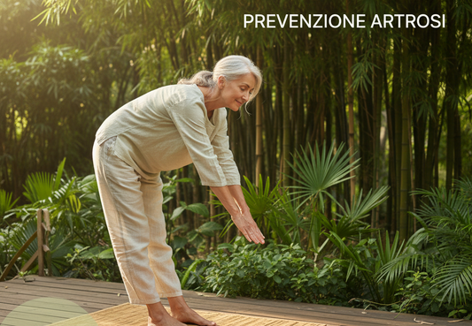 Persona attiva che fa stretching all’aperto per prevenire l’artrosi, simbolo di salute articolare e benessere naturale