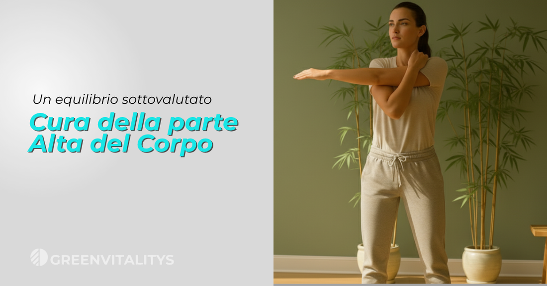 Persona che allunga le spalle e le braccia in un ambiente naturale e luminoso, simbolo di cura della parte alta del corpo e benessere quotidiano