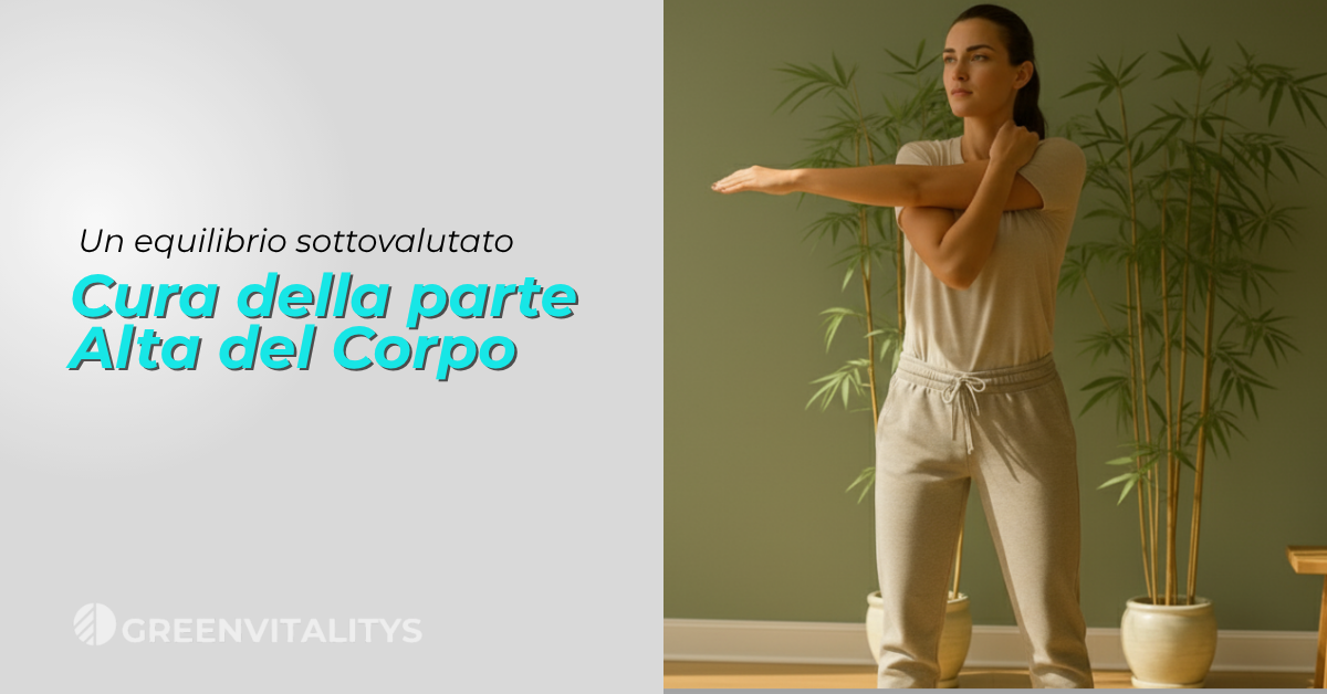 Persona che allunga le spalle e le braccia in un ambiente naturale e luminoso, simbolo di cura della parte alta del corpo e benessere quotidiano