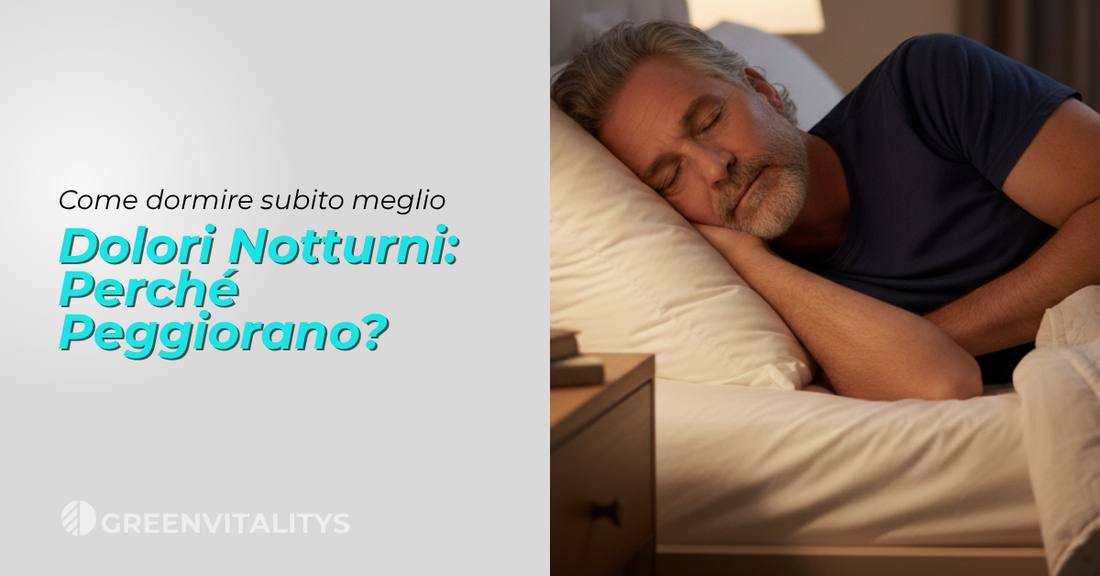 Persona che dorme con postura corretta, mani e ginocchia rilassate, rappresentazione del dolore notturno alle articolazioni e dell’importanza di postura e calore per migliorare il riposo.