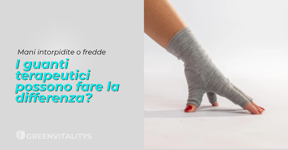 Guanti terapeutici indossati la sera o al risveglio per mantenere calore costante e migliorare la mobilità delle dita.