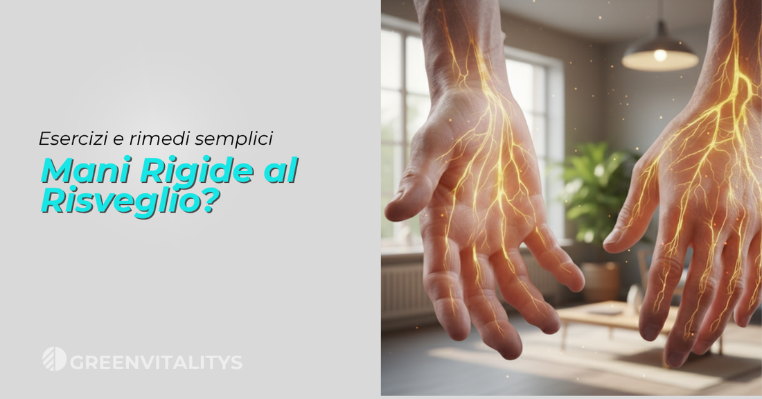 Mani rigide al risveglio: immagine illustrativa con vene e nervi luminosi che rappresentano la circolazione e la rigidità mattutina nelle mani, tema del blog GreenVitalitys su esercizi e rimedi naturali per l’artrite.