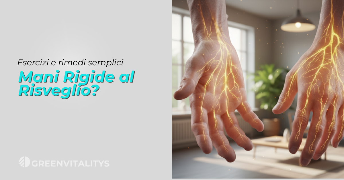 Mani rigide al risveglio: immagine illustrativa con vene e nervi luminosi che rappresentano la circolazione e la rigidità mattutina nelle mani, tema del blog GreenVitalitys su esercizi e rimedi naturali per l’artrite.