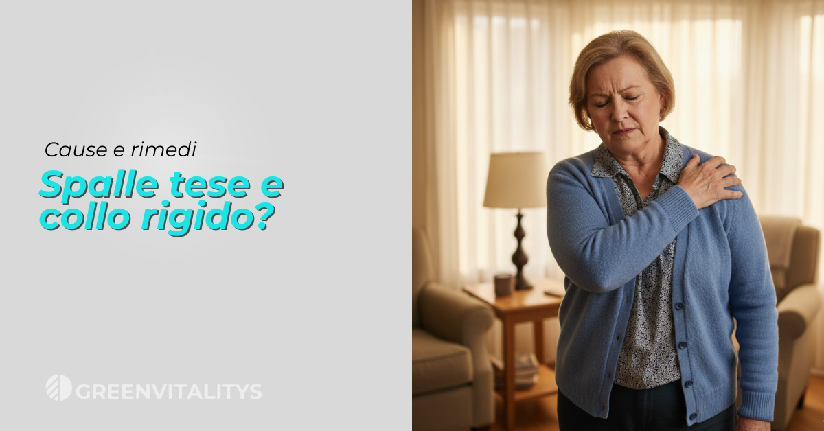 Donna anziana che si tocca la spalla dolorante, segno di tensione e rigidità nella parte alta del corpo.